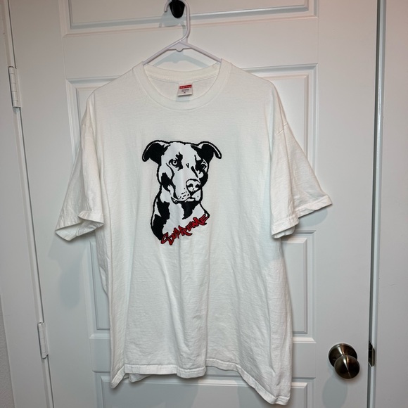Supreme White T-Shirt with Dog Graphic RN 101837 is available for 
